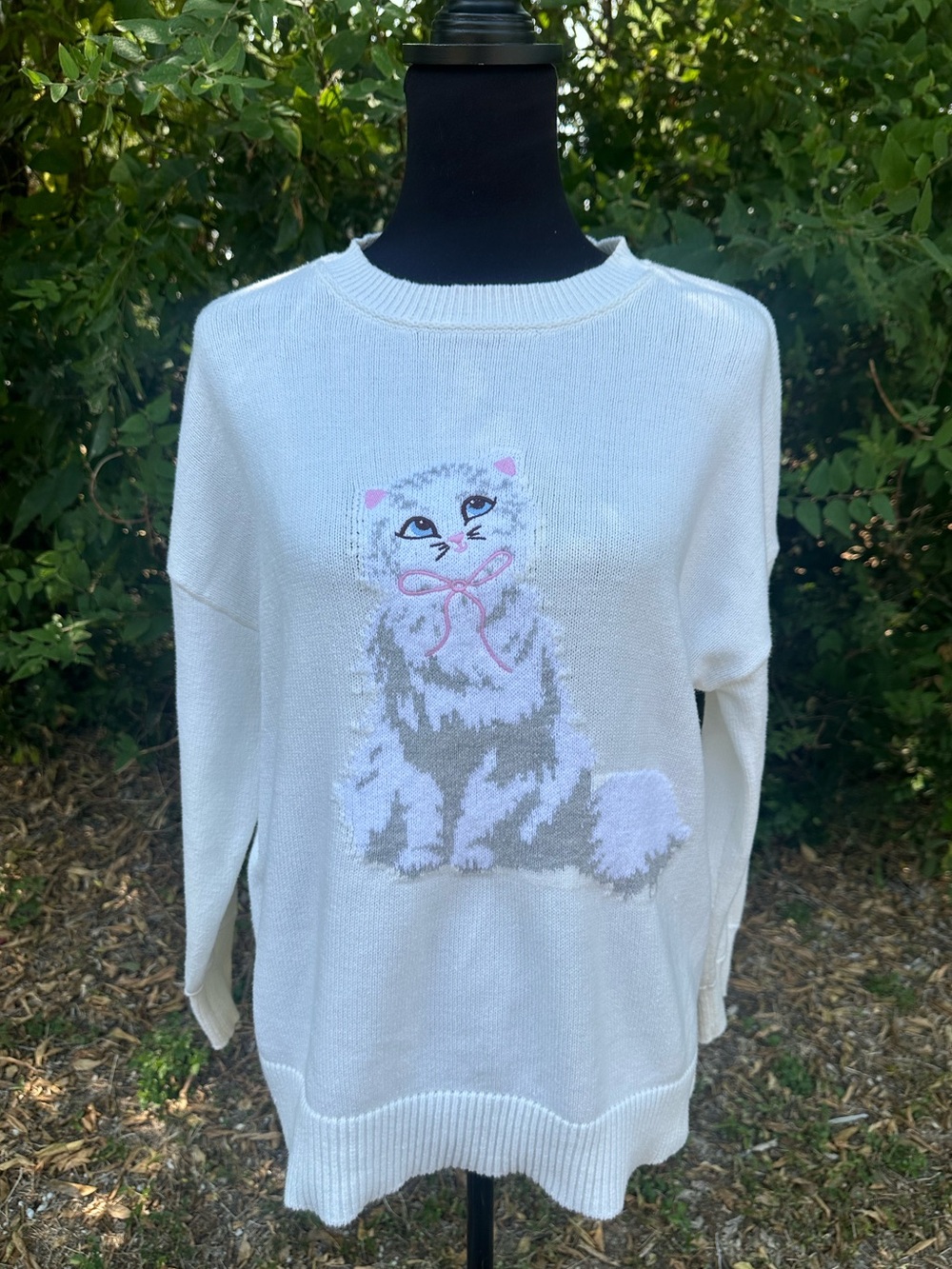 Cute White Kitty Cat Bow Knit Sweater Womens Medium Cream Pullover Coquette